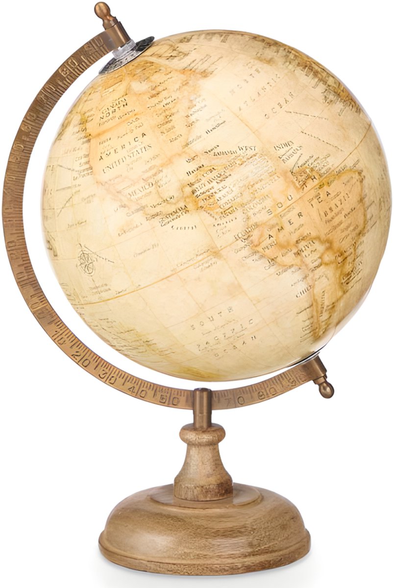 Arte R Decoratie Wereldbol / globe - geel - houten voet - D21 x H32cm - landen topografie