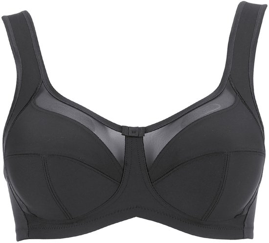 Zwarte beha met transparante mesh panelen bovenop de cups.
