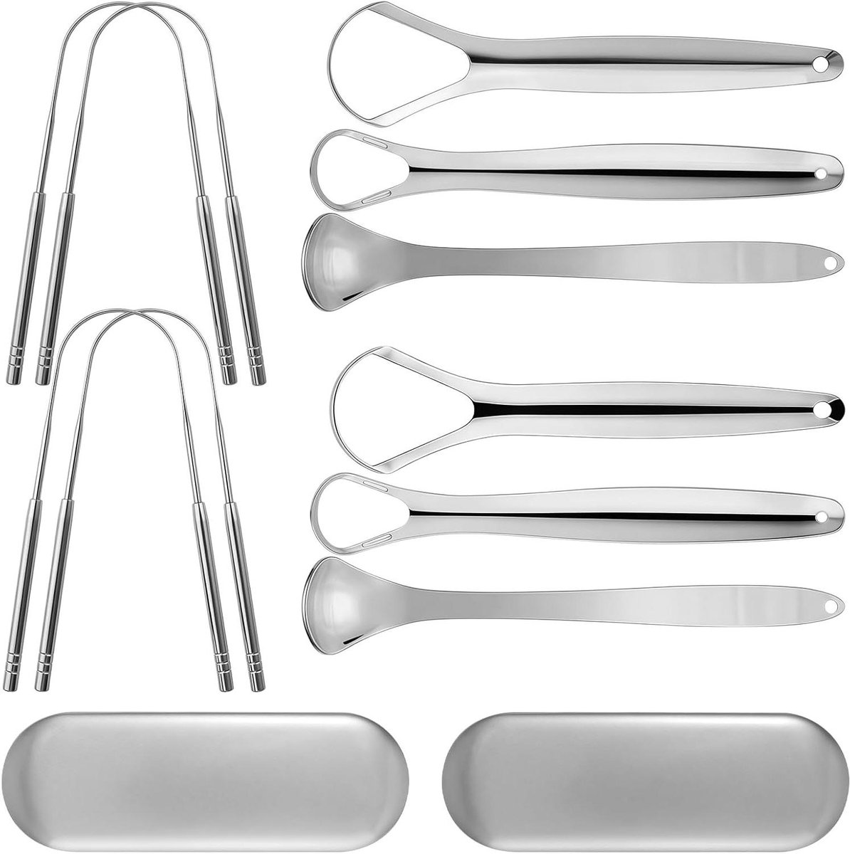 Tongschrapers Set - Mondhygiëne Hulpmiddel - Frisse Adem - Roestvrij Staal - 10 Stuks - Zilver Goud