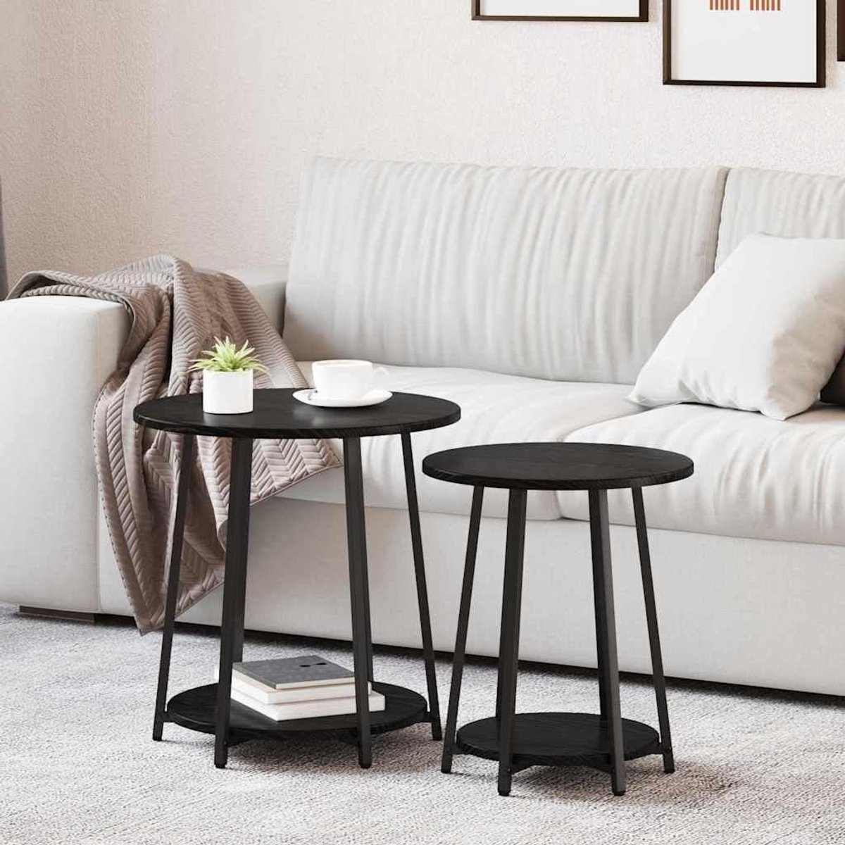Bijzettafel set - Ronde tafels - Woonkamer Decoratie - Met opbergplank - 50 cm - Zwart