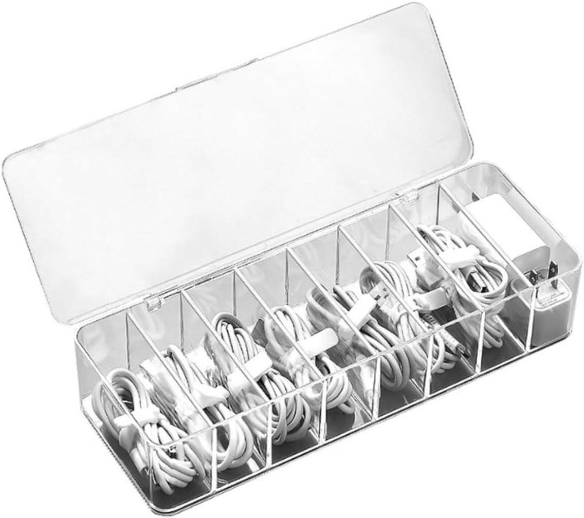 Kabel Opbergdoos - Snoer Organizer - Bureau Organiseren - 8 Vakken - 28x11x7 cm - Transparant