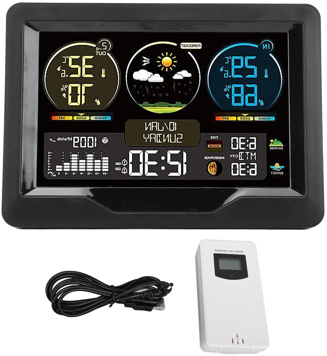 Digitale Weerthermometer - Temperatuur Vochtigheid - Binnen Buiten Meten - Kleurenscherm Weerstation - 17 x 13 x 7 cm - Zwart