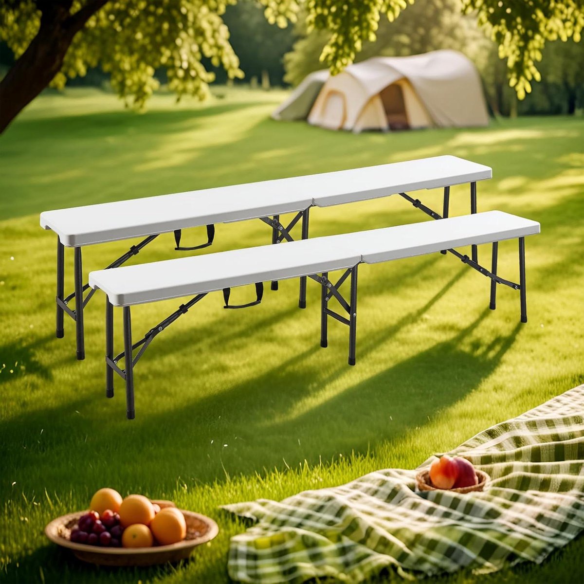 Opklapbare Bank - Tuinbank Campingbank - Buiten Zitten - Draagriem Inbegrepen - 180x25x43 cm - Wit