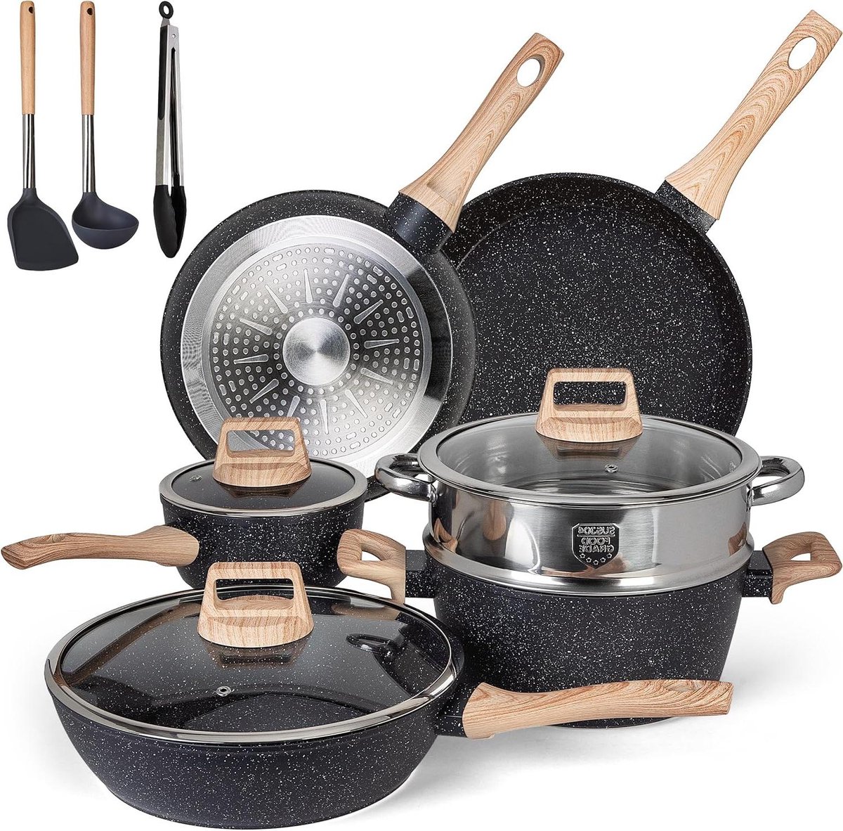 Pannenset - Kookgerei Set - Dagelijks Koken - PFAS-vrije Anti-aanbaklaag - 12 Delig - Mat Zwart