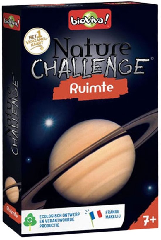 Doos van Nature Challenge Ruimte, met afbeelding van Saturnus met ringen, sterren en tekst "Bioviva! Nature Challenge Ruimte".