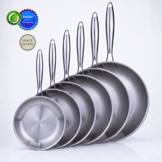 OZ Home Bavary Set de poêles en acier inoxydable - 6 pièces - 20,22,24,26,28,30 cm - Inox 18/10 - Induction - Sans PFAS - Sans revêtement - Set de poêles à frire