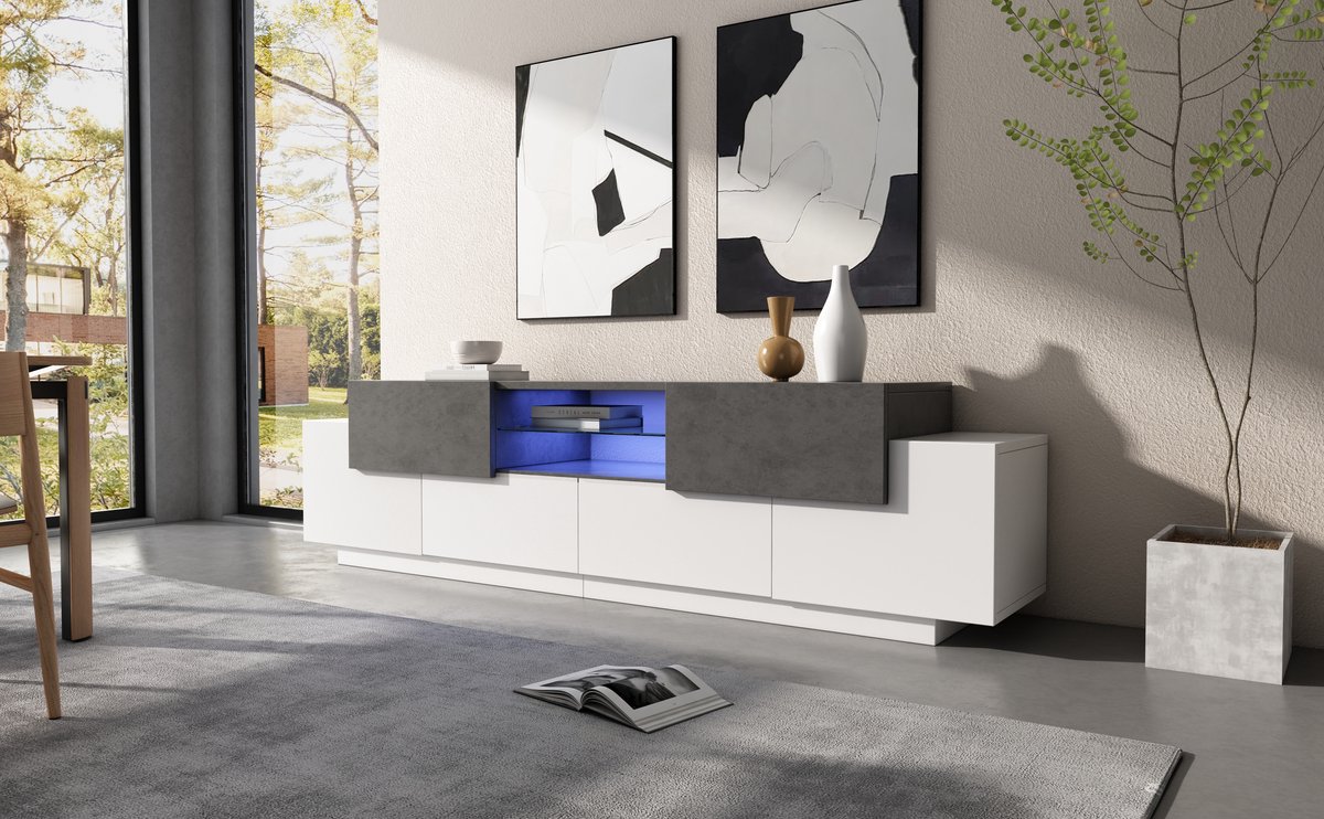 LED-tv-meubel (Wit & Grijs) – 180 cm – Laag tv-meubel voor tv's tot 80 inch – Met glazen planken – Modern woonkamermeubel – Afwerking met houtnerfstructuur