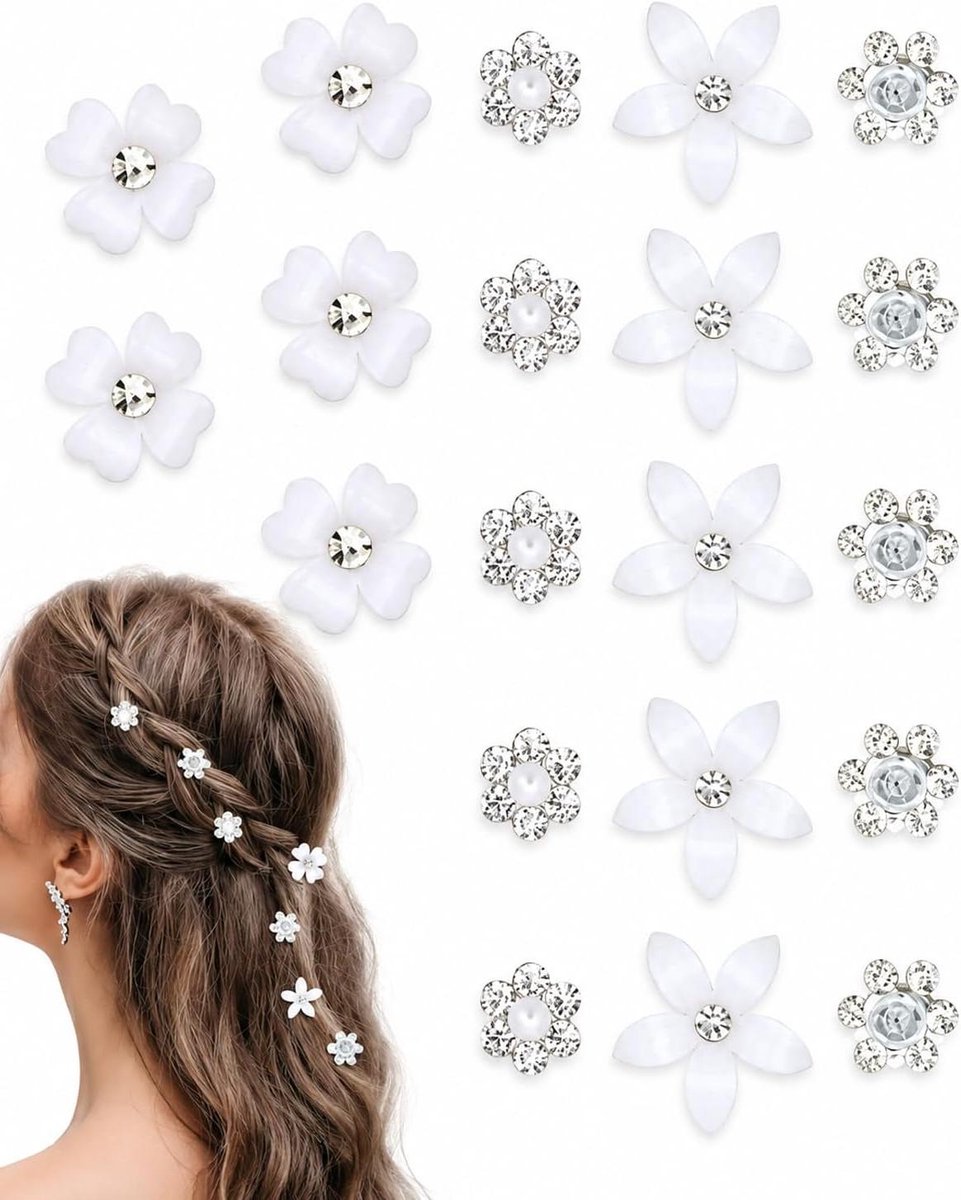 Bloemen haarspelden - Mini clips - Feestelijk kapsel - Met strass steentjes - 20 stuks - Wit