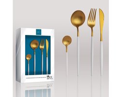Kadum - 16-delige bestekset moderne bestekset van roestvrij staal, 4 x soeplepel, 4 x tafelvork, 4 x dinermessen, 4 x theelepel (goud met wit handvat)