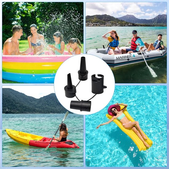 Opblaasbare adapter set - Luchtventiel mondstukken - Watersport accessoires - 4 multifunctionele stuks - Compact formaat - Zwart van Merkloos — afbeelding 4