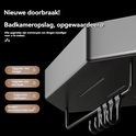 Zwart badkamerrekje met haken en de tekst "Nieuwe doorbraak! Badkameropslag, opgewaardeerd!".