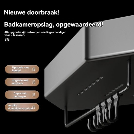 Zwart badkamerrekje met haken en de tekst "Nieuwe doorbraak! Badkameropslag, opgewaardeerd!".