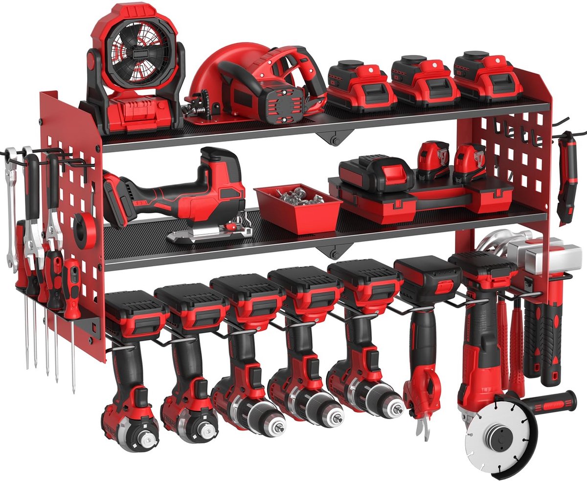 aladdien - 3 Tier Power Tool Storage - Gereedschap Organizer - Robuust en Duurzaam - Rood - Wandmontage - Perfect voor Garage en Werkplaats - 68 kg ...