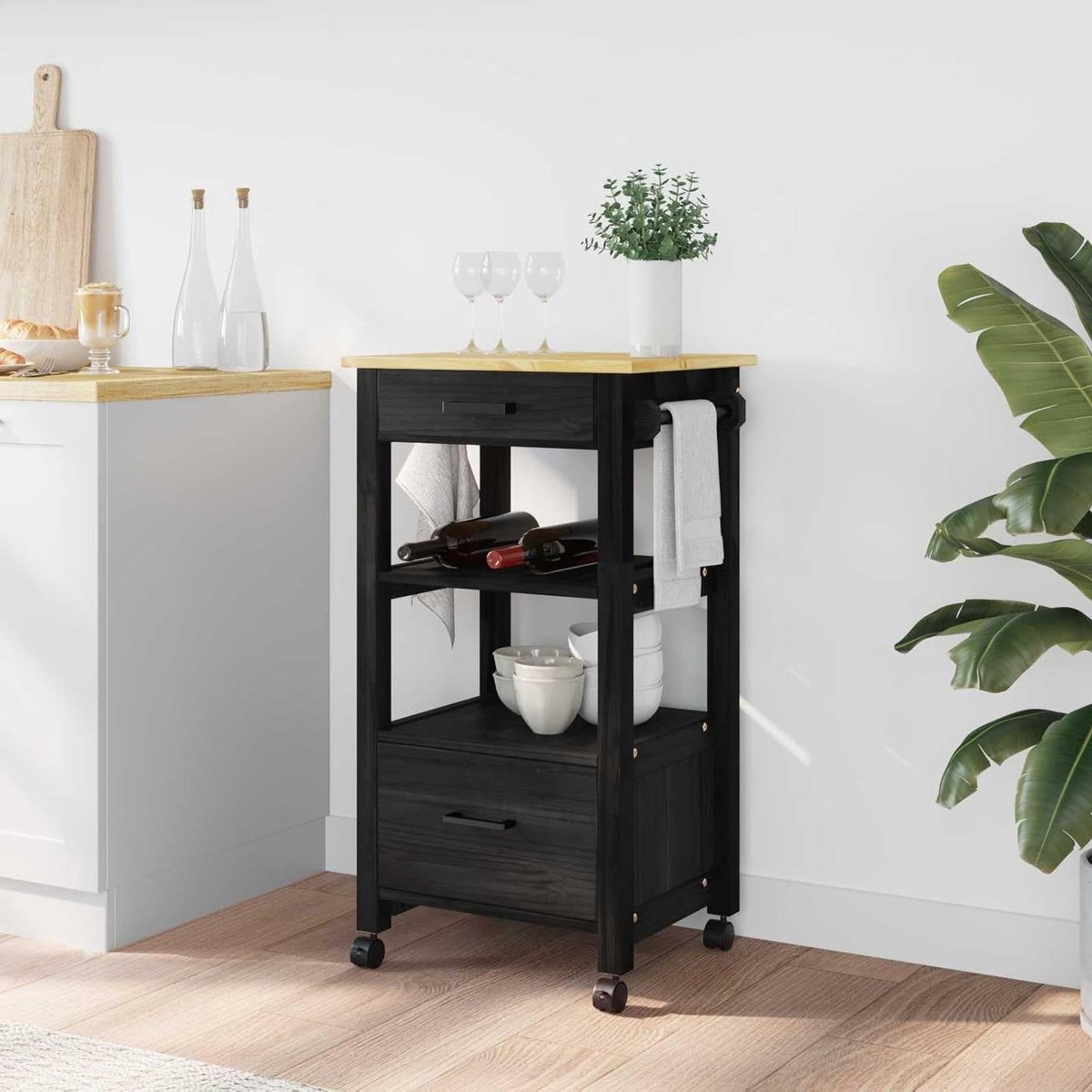 Keukentrolley - Serveertafel - Extra werkplek - Massief grenenhout - 88.5 x 40 x 48 cm - Zwart