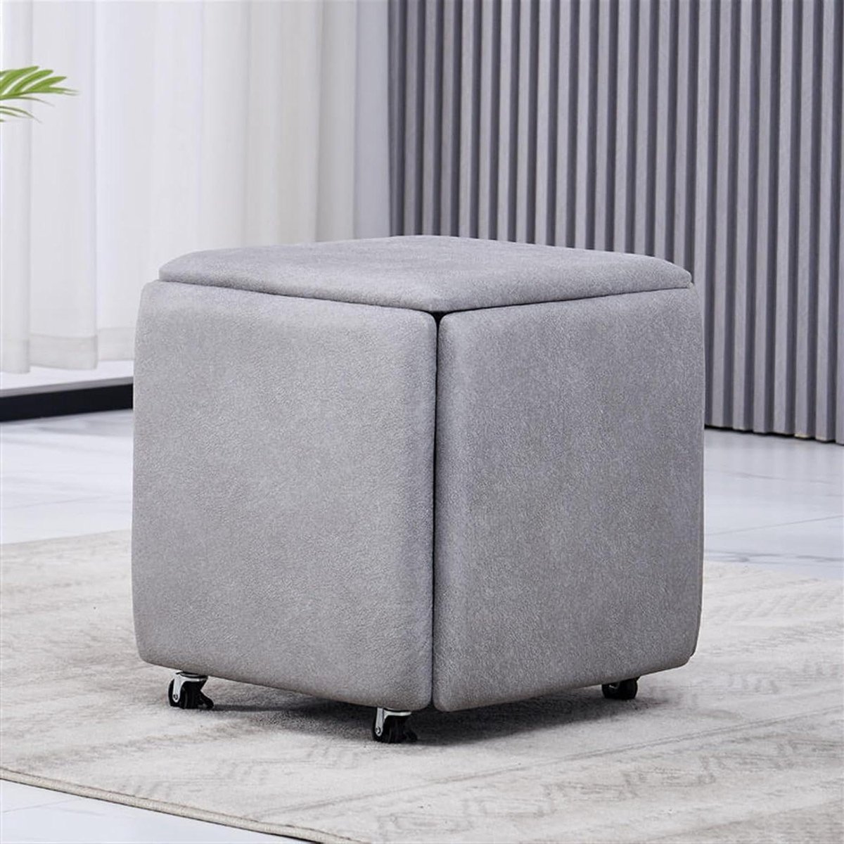 Kubus poef - Voetenbankje wielen - Woonkamer organiseren - Stapelbaar 5-in-1 - 14/18 inch - Zilver