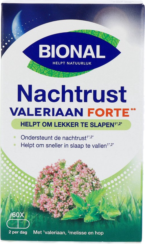 Bional Nachtrust Valeriaan Forte doos met groen en wit design, met afbeelding van bloemen en kruiden.