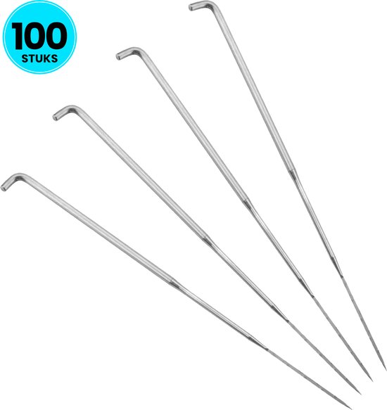 Vier metalen viltnaalden met een gebogen handvat, inclusief een blauwe cirkel met '100 STUKS'.
