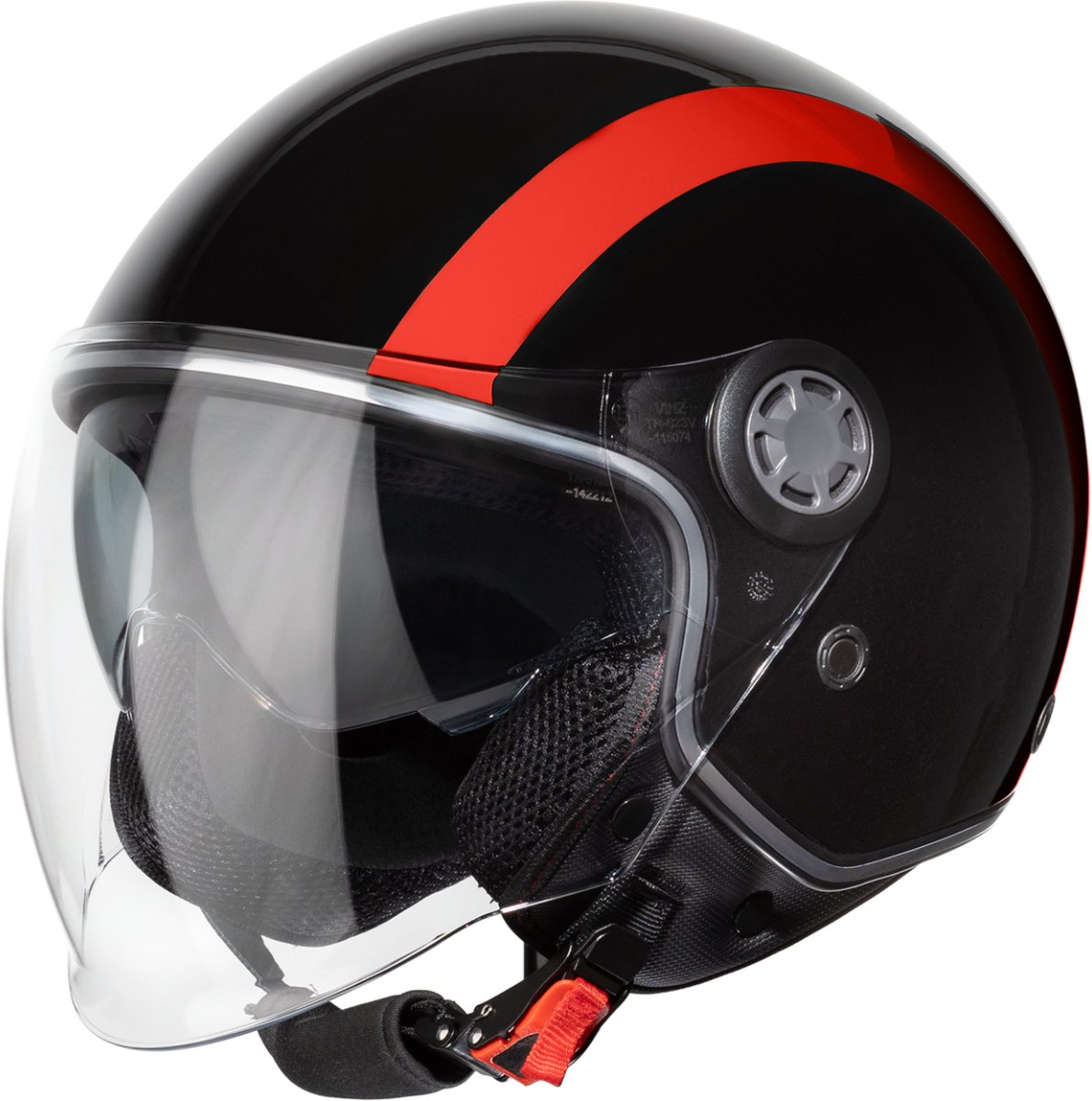 VINZ Jungbu Scooterhelm met zonnevizier / Jethelm met streep / Brommerhelm / Motorhelm / Helm Scooter Retro / Snorfiets helm / Snorscooter helm - Geschikt Voor Helmplicht Blauw Kenteken - Rood - L