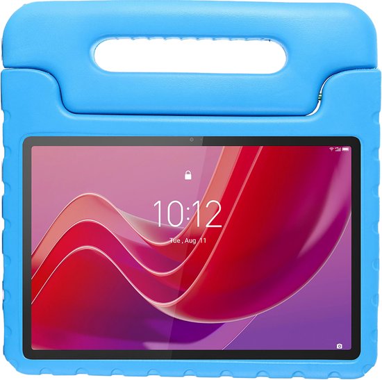 Blauw tablethoesje met handvat en een tablet met startscherm.