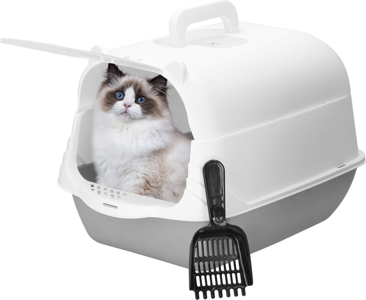 Springos Kattenbak | Spatel | Dak | 49 x 36 x 35 cm | Grijs/Wit