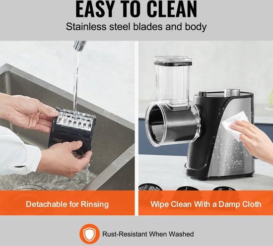 Râpe électrique Mercadome® - Râpe - Cutter - Nettoyage facile - Conception sûre - Incl. Cinq Couteaux en acier inoxydable - 250W - 285x135x305mm