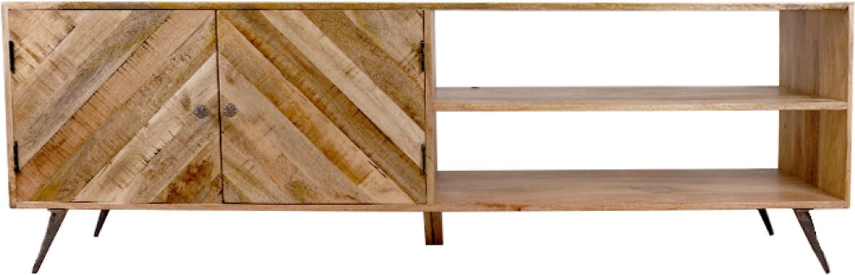 OHNO - Riddle Tv-kast - Hout - Met deuren - Met vakken - Visgraatlook - Zwart Metalen poten