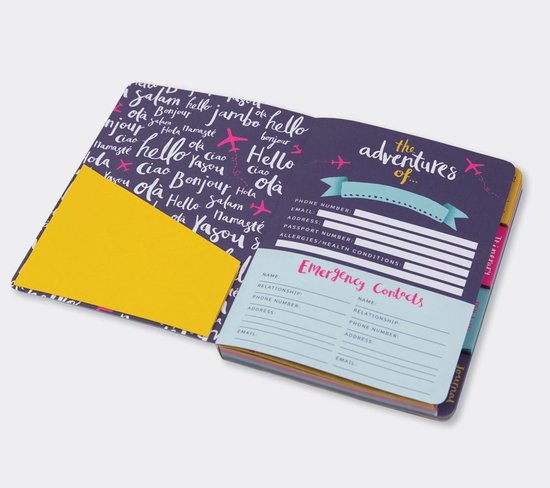 Open reisdagboek met pagina 'Emergency Contacts' en vele begroetingen.