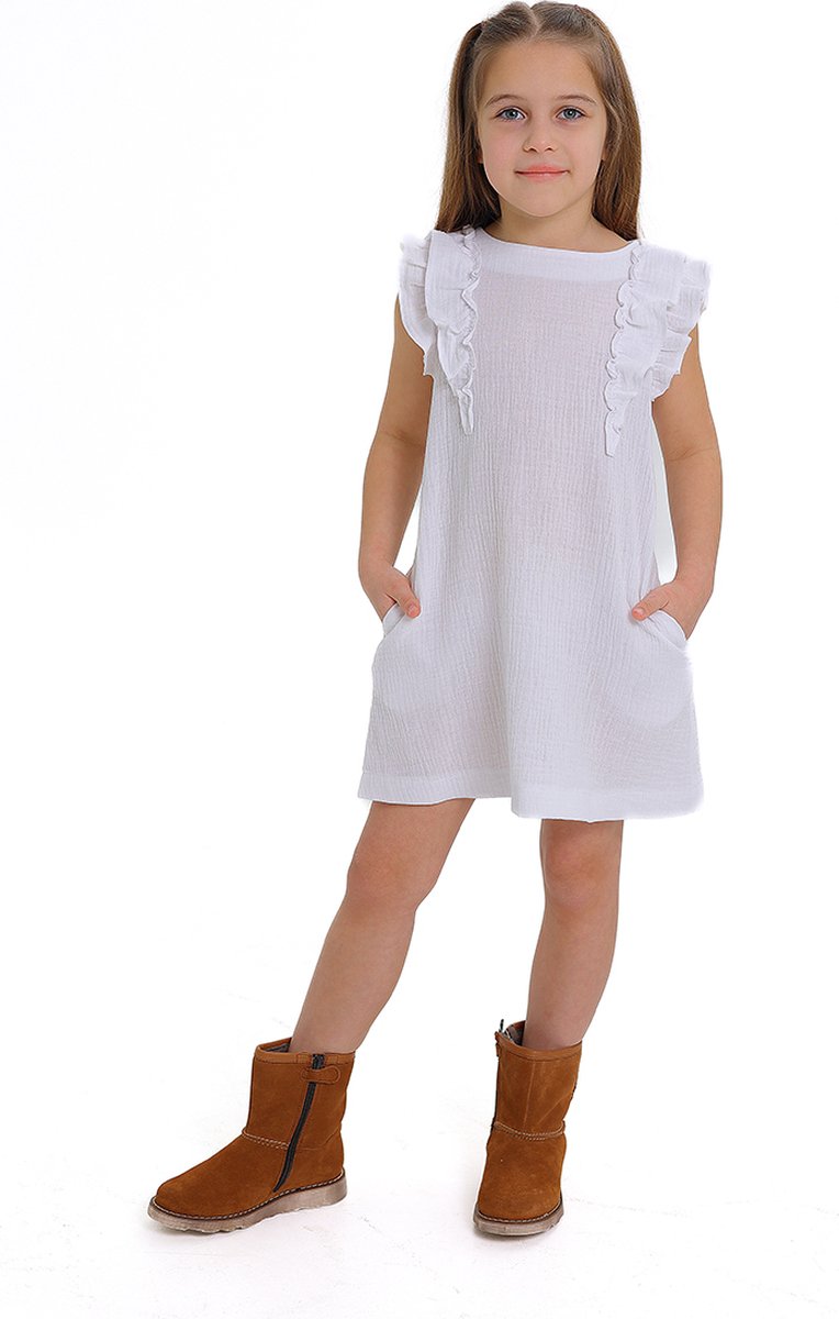 RobyKris Meisjes Jurk - Katoenen mousseline - Wit - Maat 116-122