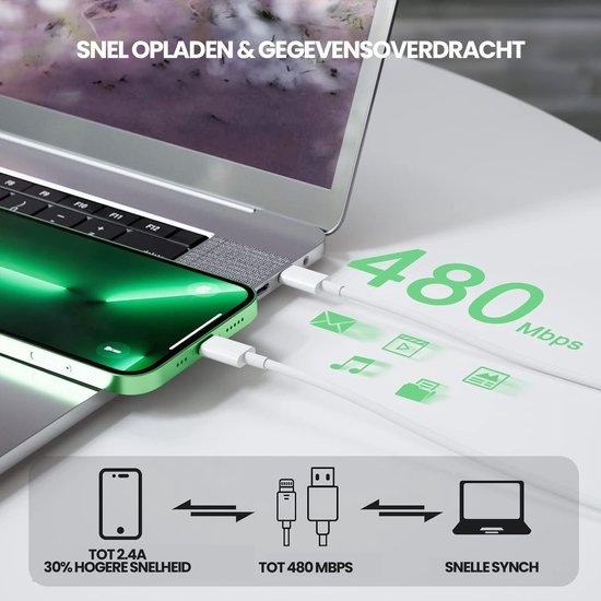 Witte USB-C naar Lightning kabel aangesloten op een telefoon en laptop, 480 Mbps.