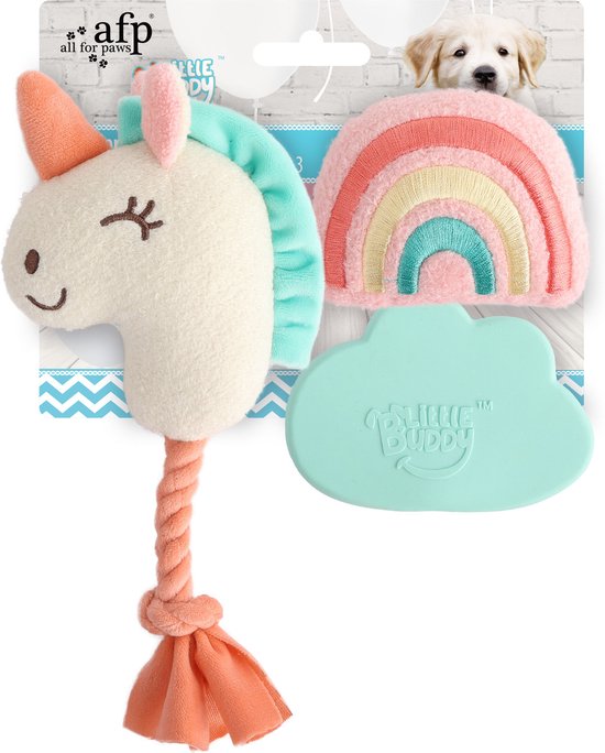 Een verpakking met drie hondenspeeltjes: een eenhoorn, een regenboog en een wolk.
