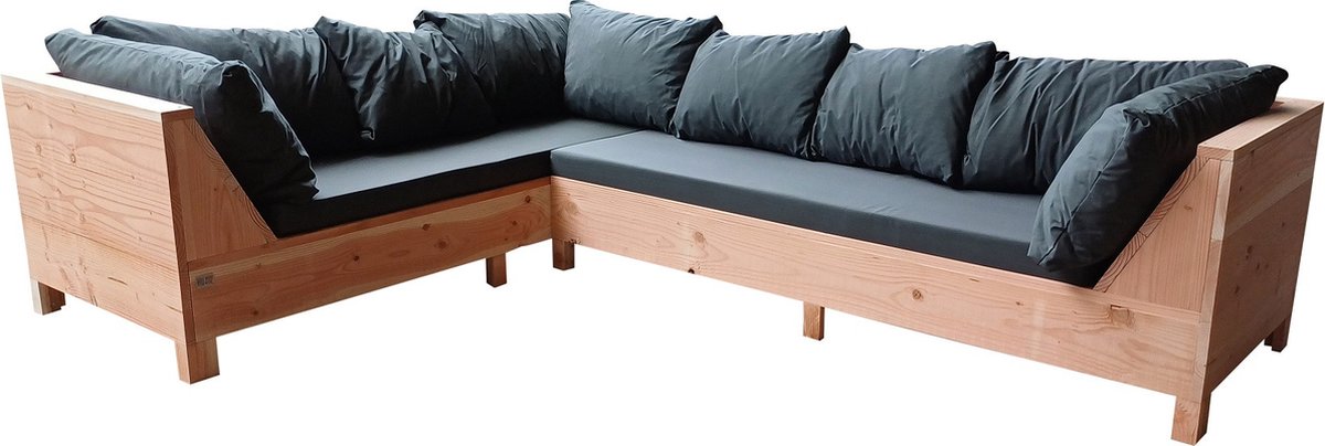 Loungeset van douglashout met plofkussens in GL-vorm, 230cm x 200cm.