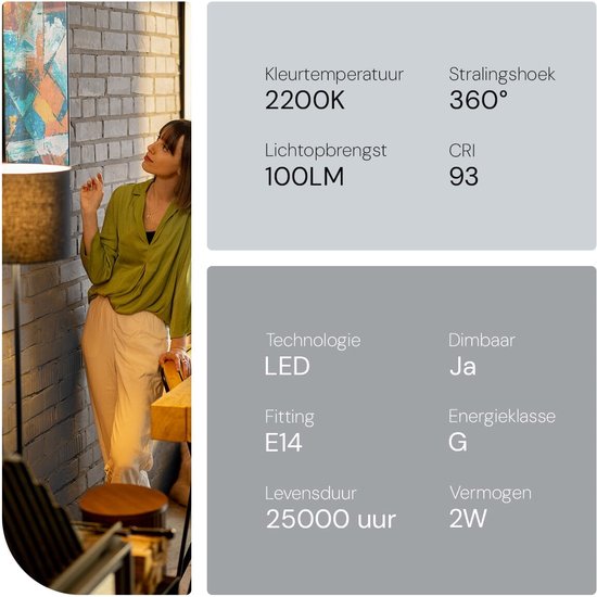Lampe LED SPL E14 2W Dimmable - CRI 93 - Or - Wit Extra Chaud - 2200K - Bougie à Filament LED C35 - Remplace 11W - 5 Pièces