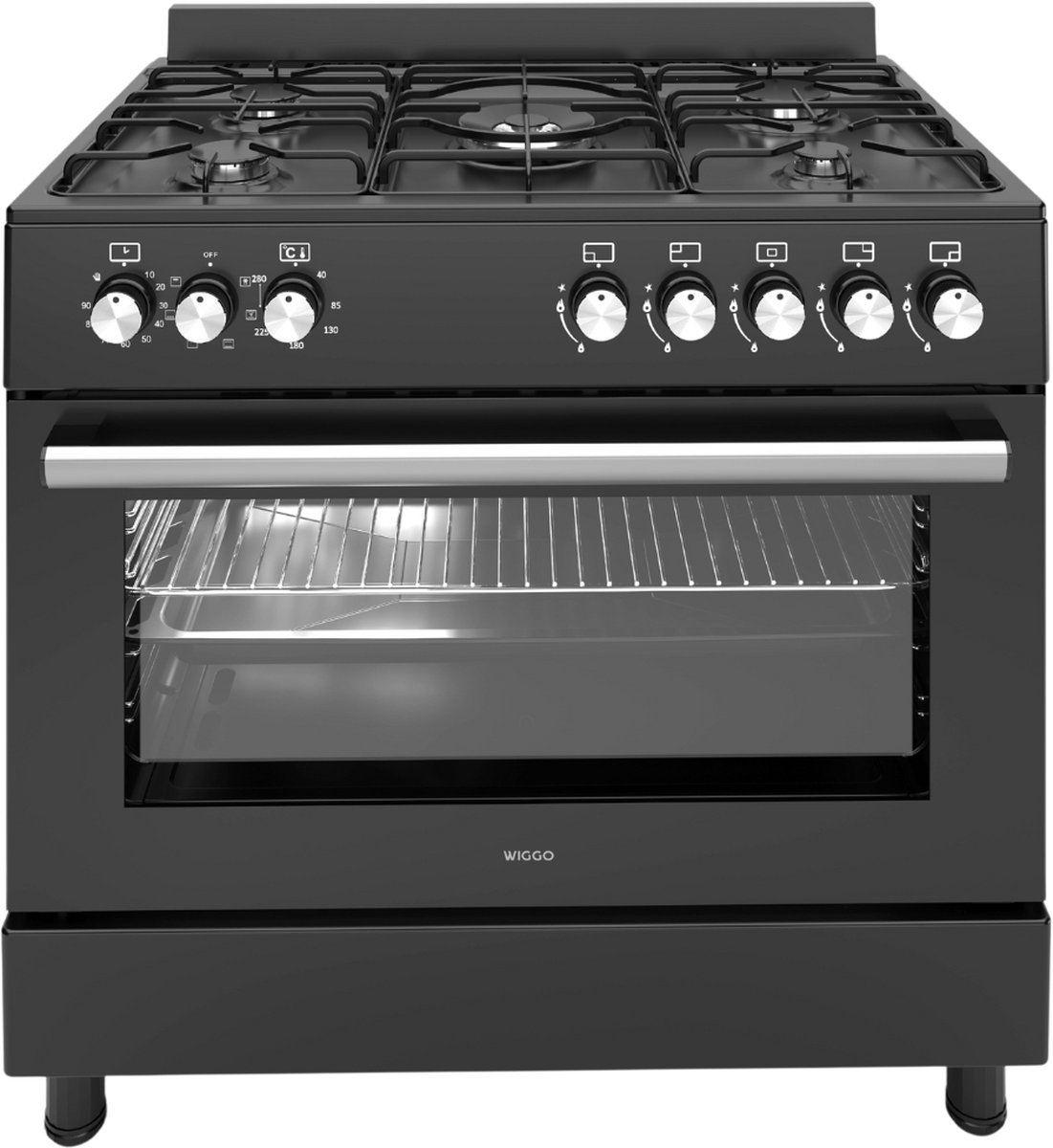 Wiggo WO-E906B(BB) - Vrijstaand - Gasfornuis - 90 cm - 110 Liter - 5 pitten - Zwart