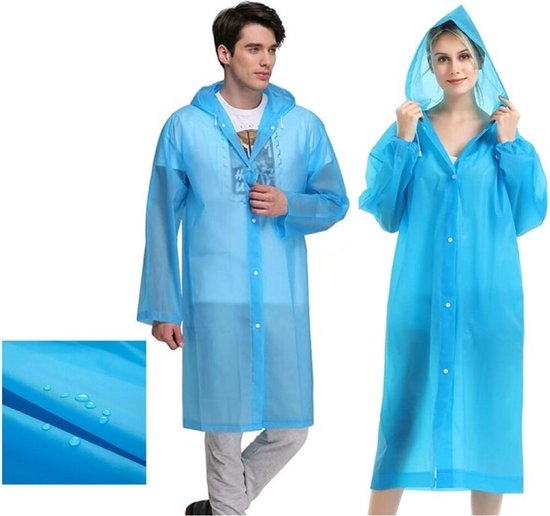 Concorde Regenjas poncho met capuchon en drukknoopsluiting - blauw - PVC - one size - heren/dames - Regenponcho lang type