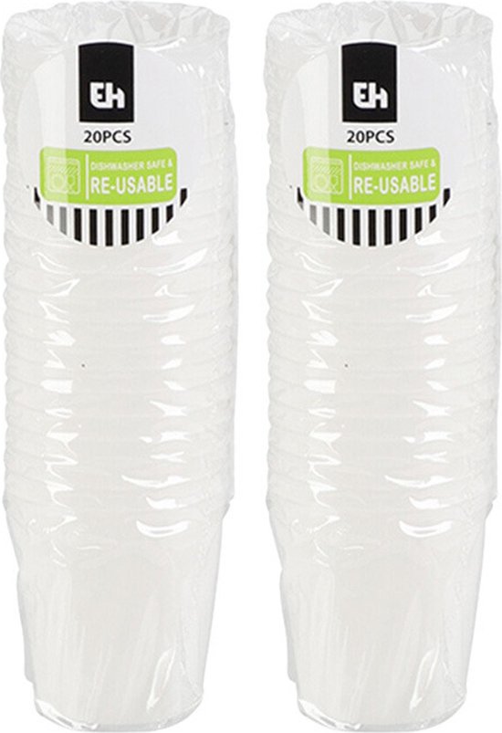 Twee verpakkingen met elk 20 witte, herbruikbare plastic shotglaasjes, verpakt in doorzichtig plastic.