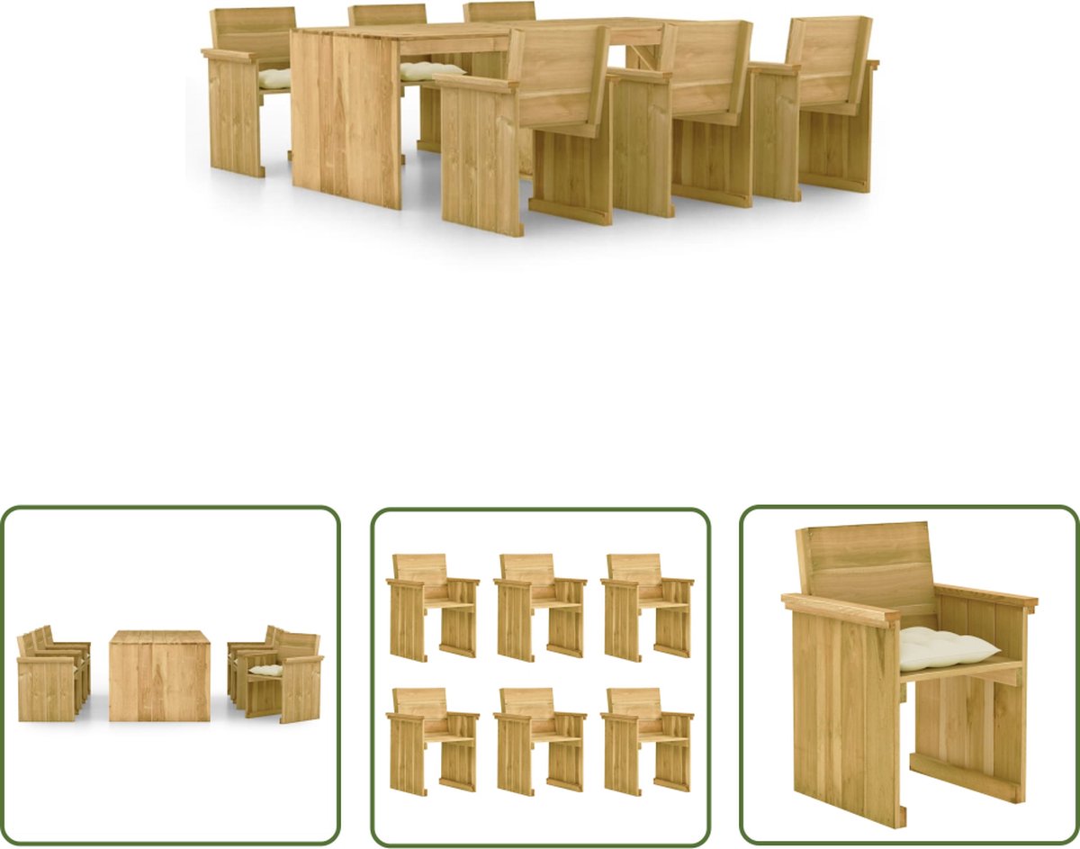 The Living Store 7-delige Tuinset met kussens geïmpregneerd grenenhout - Tuinmeubles - Tuinset - Houten Tuinstoel - Buitentijd - Balkon Decoratie
