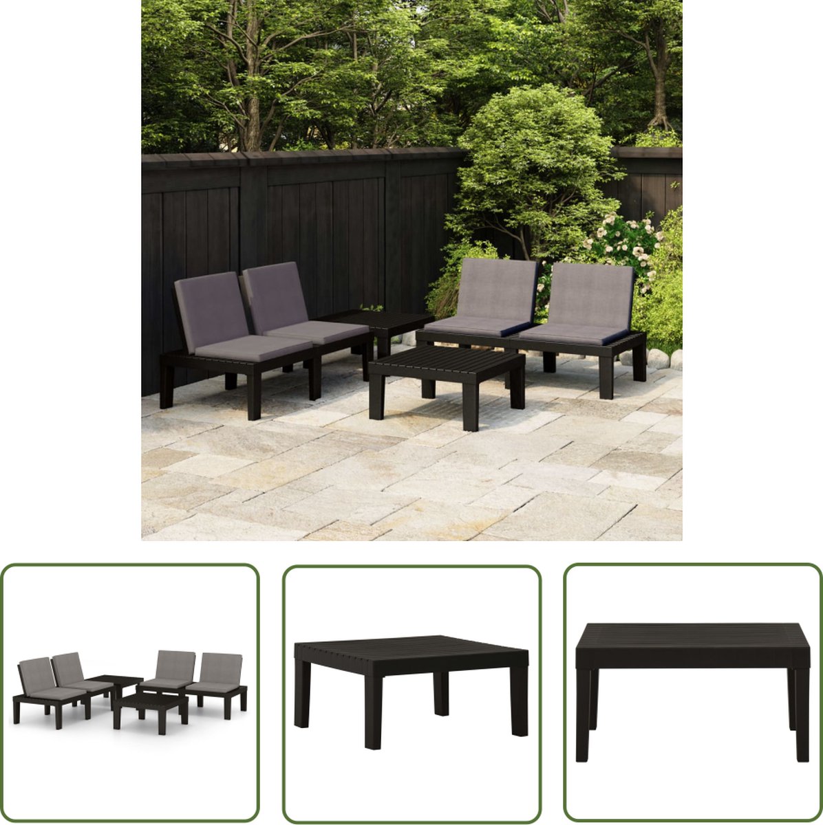 The Living Store 4-delige Loungeset met kussens kunststof grijs - Loungeset - Lounge Set - Buitendecoratie - Tuinbank - Tuintafel