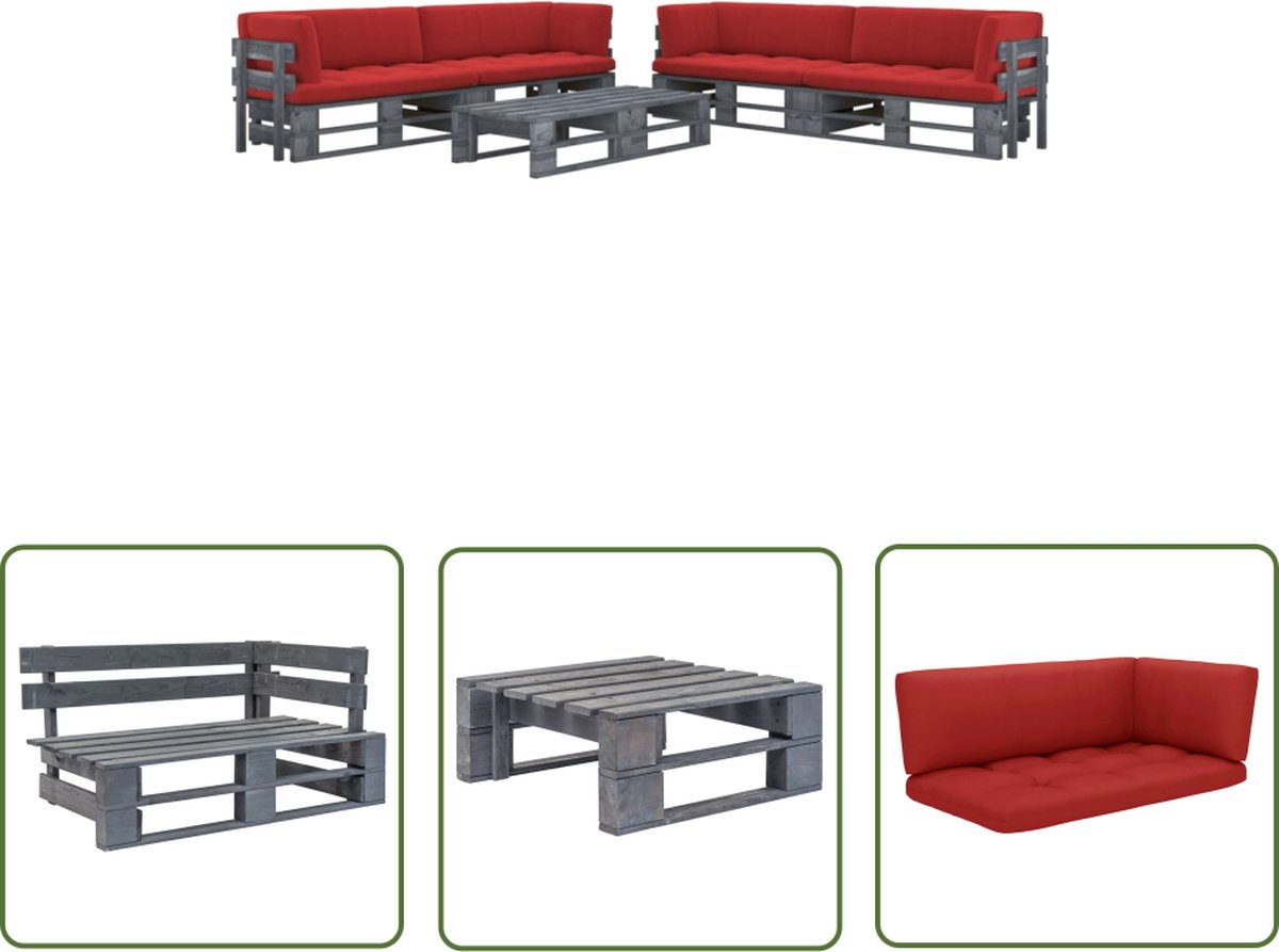 The Living Store 6-delige Loungeset pallet met kussens grijs geïmpregneerd hout - Loungeset - Pallets - Hout - Tuinmeubilair - Lounge Stoel
