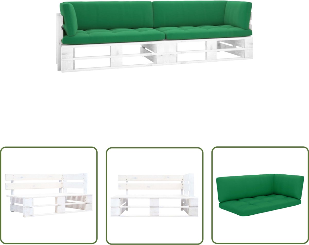 Hoekbank van wit geïmpregneerd grenenhout met kussens. Buitentijnen palletbank voor tuinset.