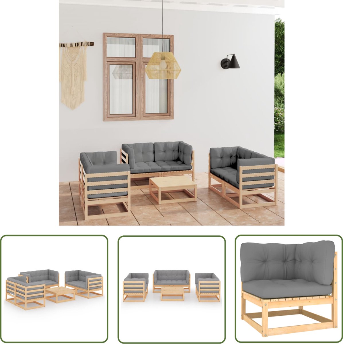 The Living Store 7-delige Loungeset met kussens massief grenenhout - Hoeken Bank - Lounge Set - Tuinbank - Buitentijd - Relaxen