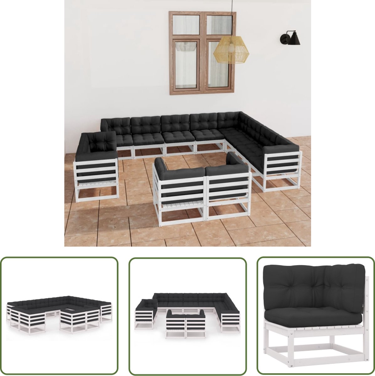 The Living Store 12-delige Loungeset met kussens massief grenenhout wit - Loungeset - Tuinset - Houten Lounge - Tuinlounge - Loungebank