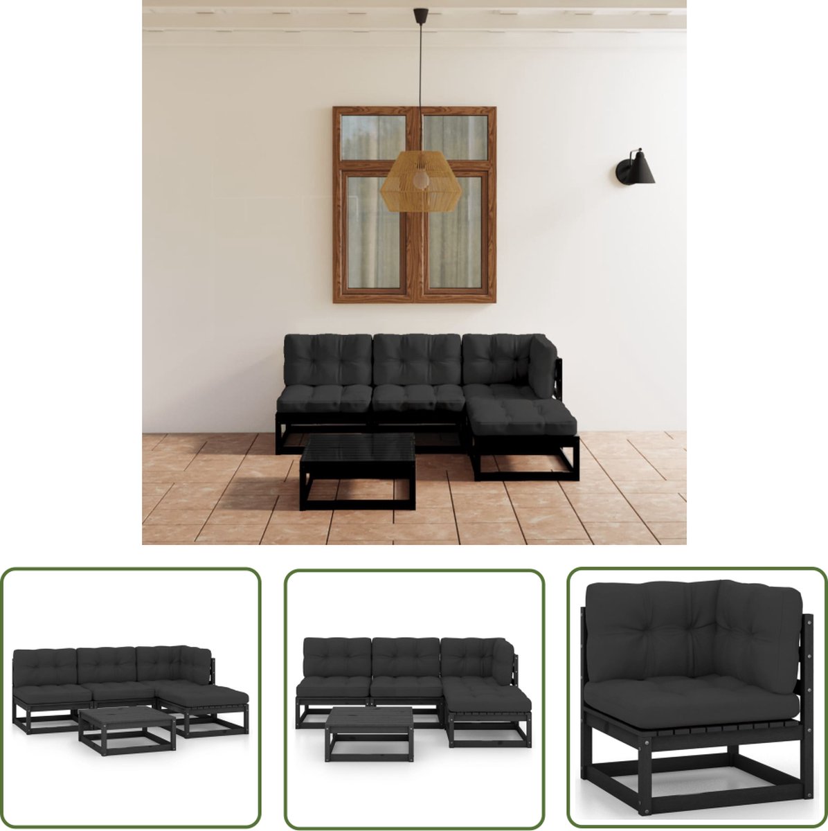 The Living Store 5-delige Loungeset met kussens massief grenenhout - Lounge Set - Tuinset - Houten Bank - Zitzakken - Buitendiner