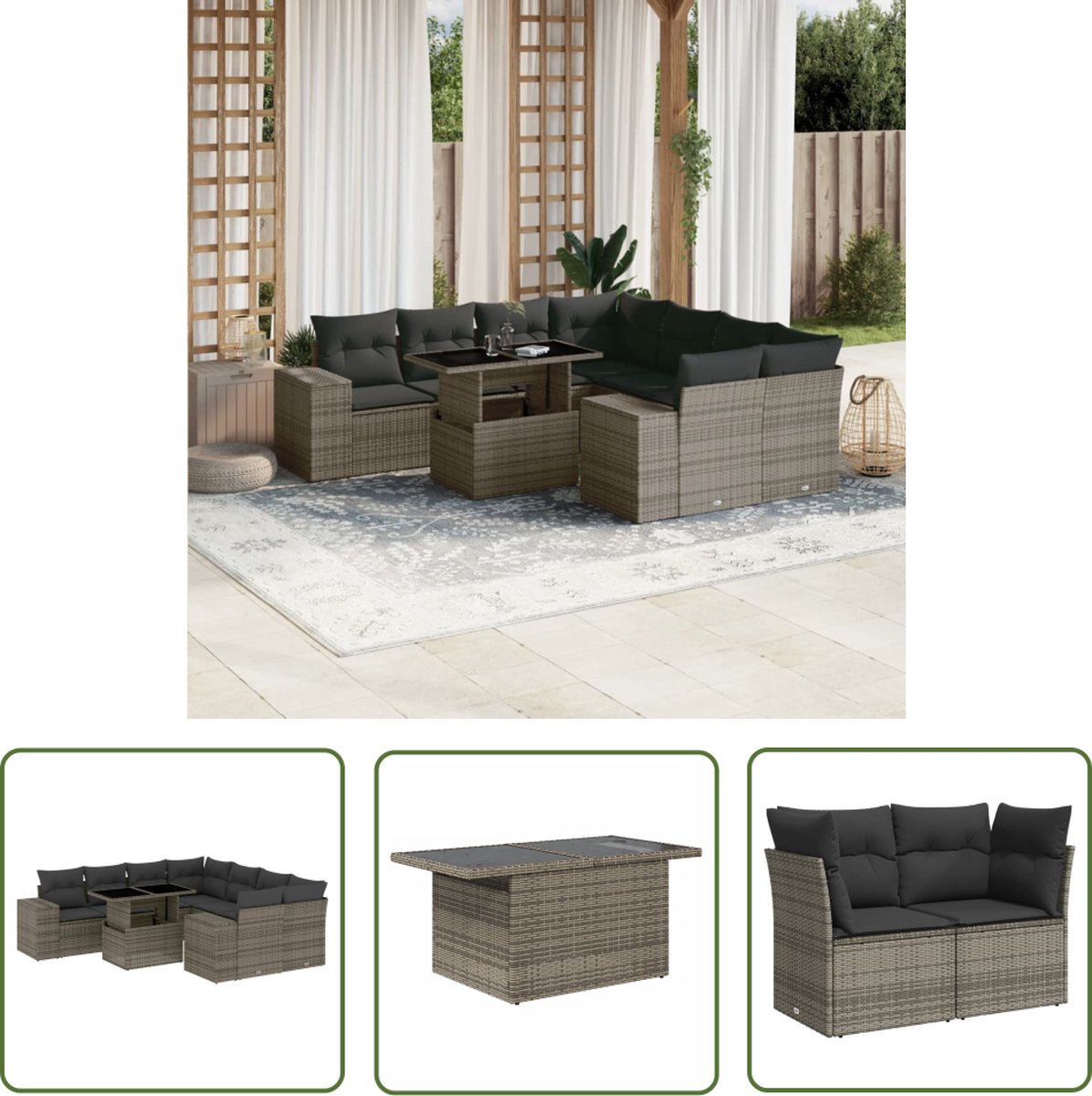 The Living Store 9-delige Loungeset met kussens poly rattan grijs - Loungeset - Lounge Set - Buitendecoratie - Tuinmeubels - Tuinlounge