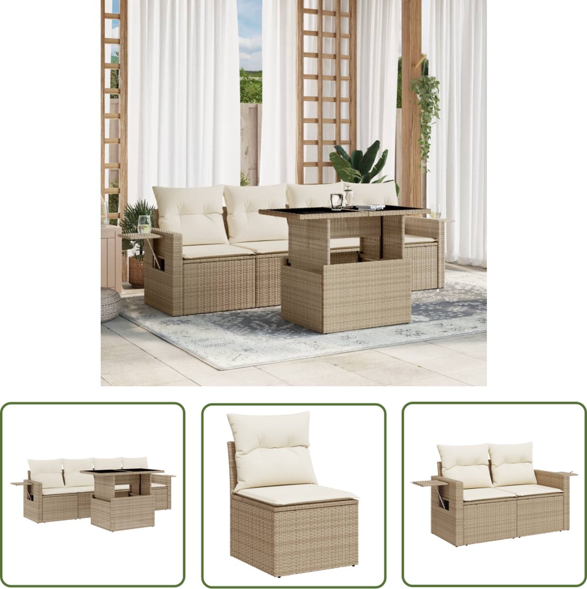 5-delige Loungeset met beige kussens in poly rattan - Tuinmeubelen - PE-rattan