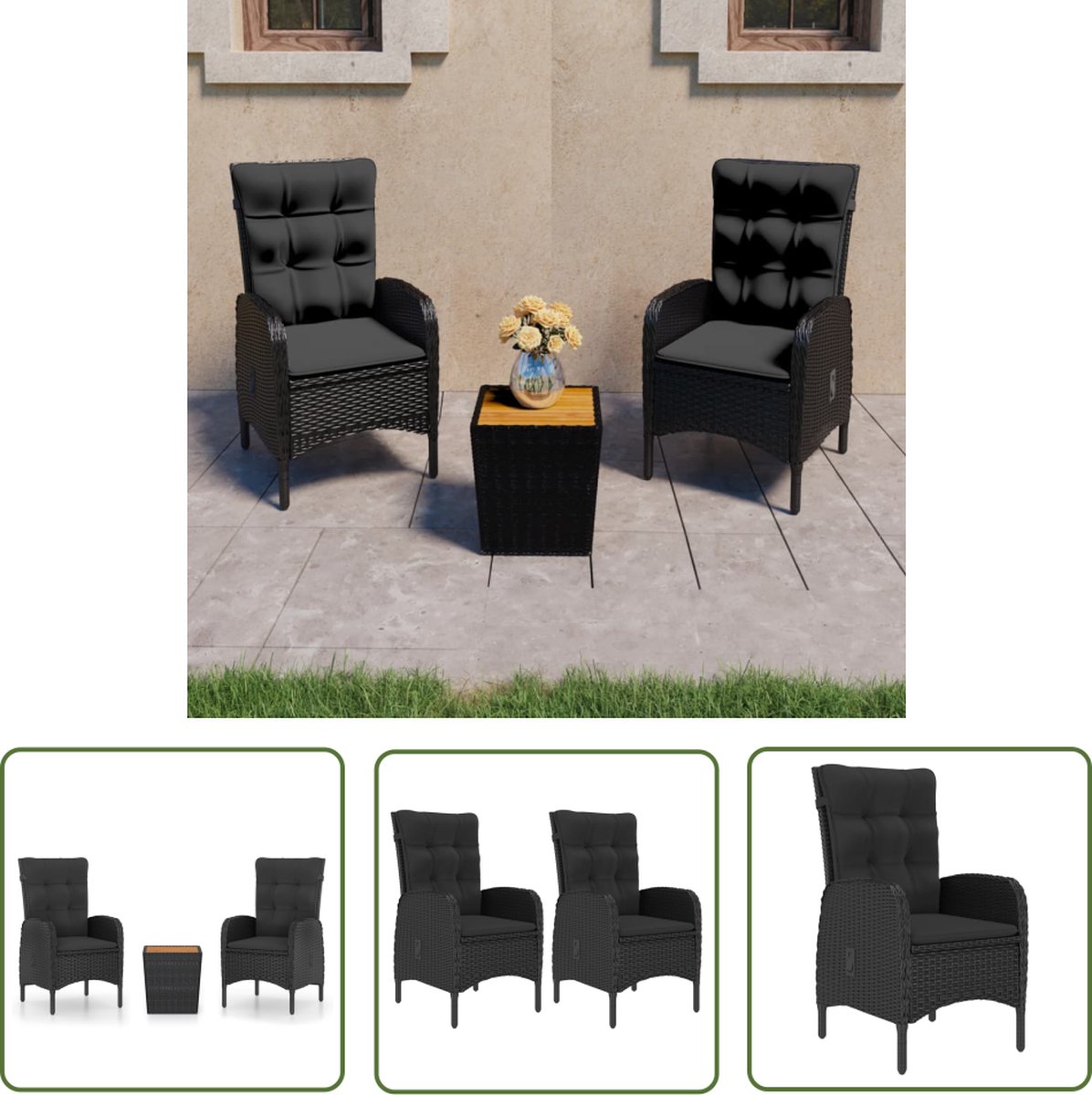 The Living Store 3-delige Bistroset poly rattan en acaciahout zwart - Tuinsets - Bistroset - Buitendecoratie - Lounge Set - Eetkamerset
