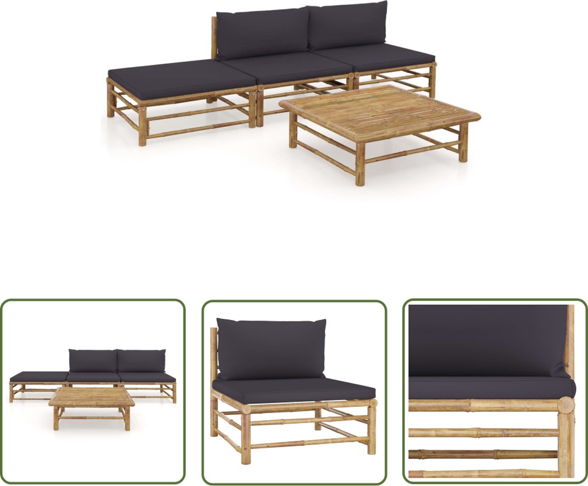 Bamboe loungeset met donkergrijze kussens voor buiten - The Living Store.