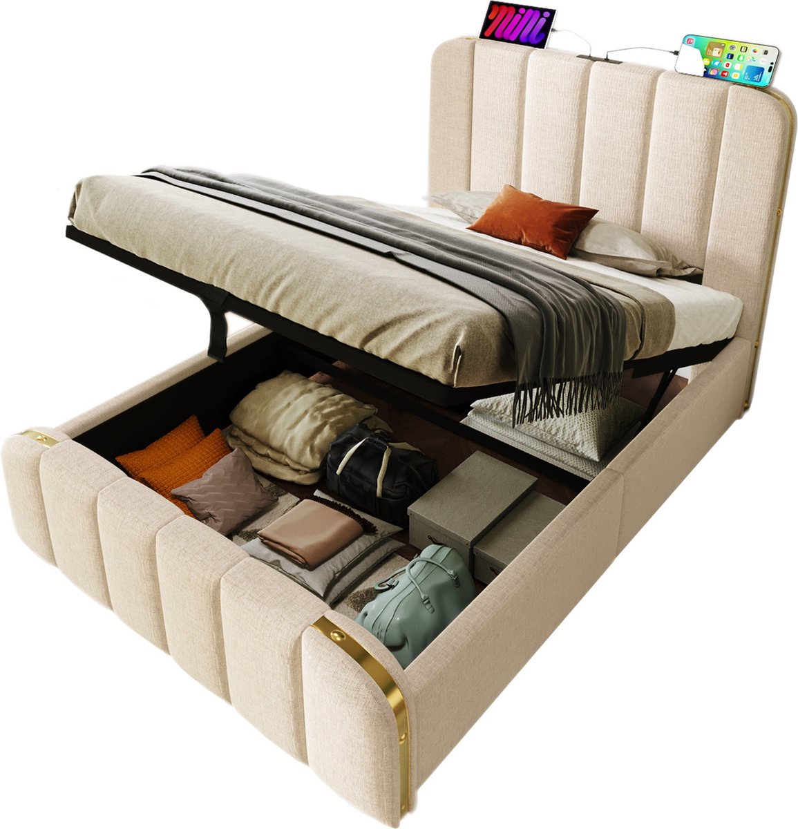Merax Polsterbett Einzelbett, gepolstertes Kopfteil mit goldenen Zierstreifen und ,USB Typ-C Ladefunktion 90*200 cm, Beige Leinen-Material Hydraulisches Lagerbett (Mit Matratze)