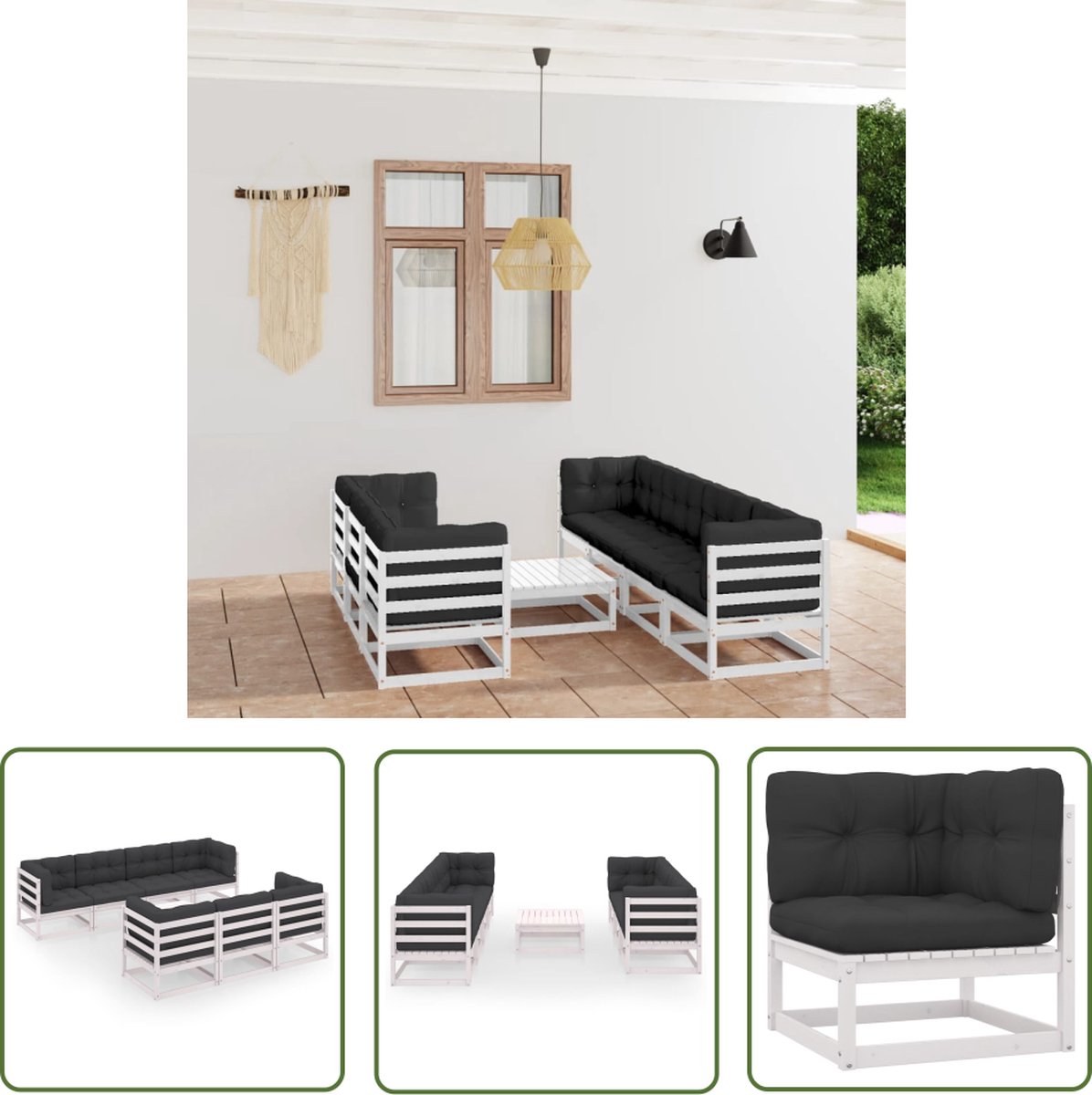 Loungeset van massief grenenhout met kussens voor tuinmeubilair in natuurlijke tinten.