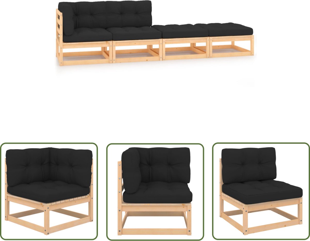 The Living Store 4-delige Loungeset massief grenenhout - Loungestoel - Tuinstoel - Lounge Set - Buitendecoratie - Houten Bank