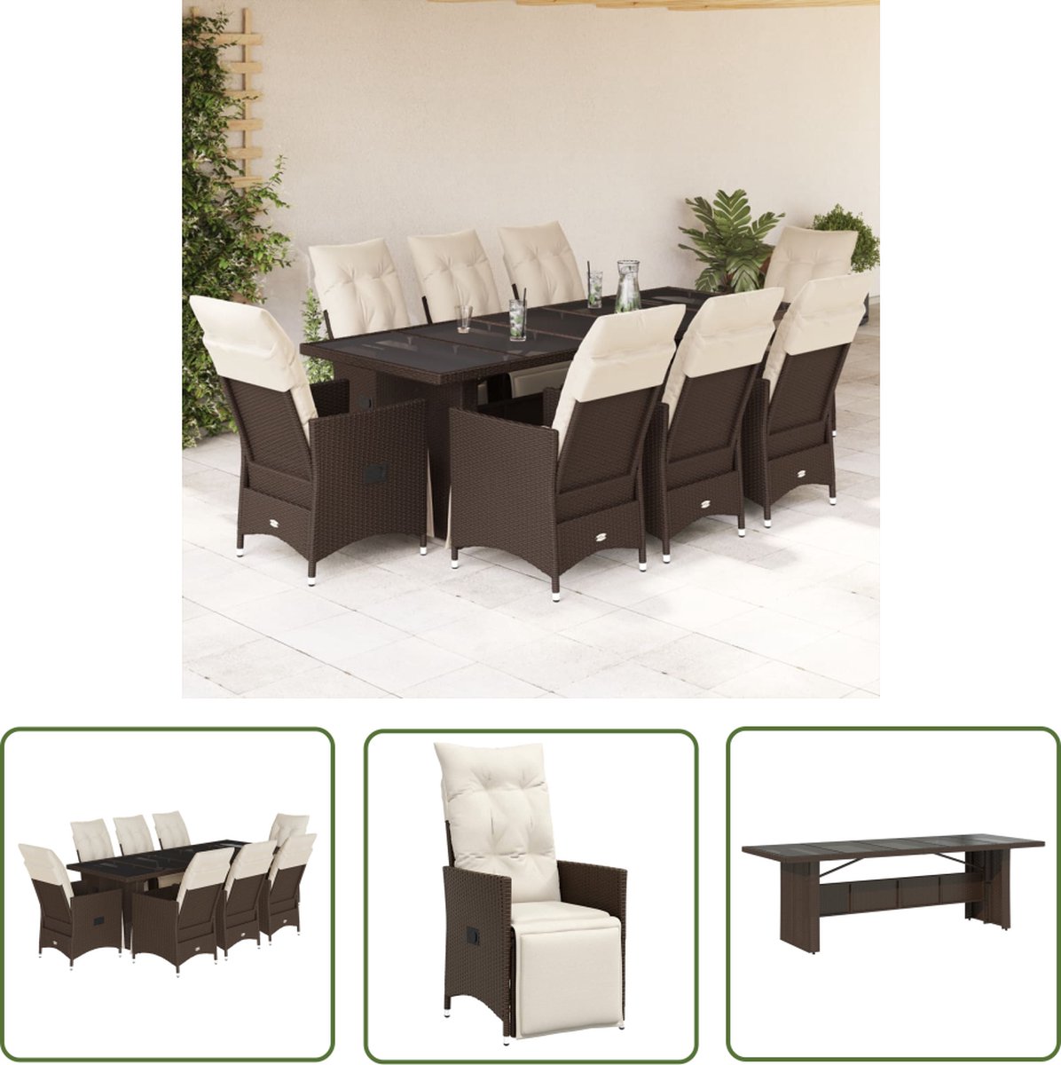 Bruine poly rattan bistroset met kussens voor tuinmeubels en terrasdecoratie.